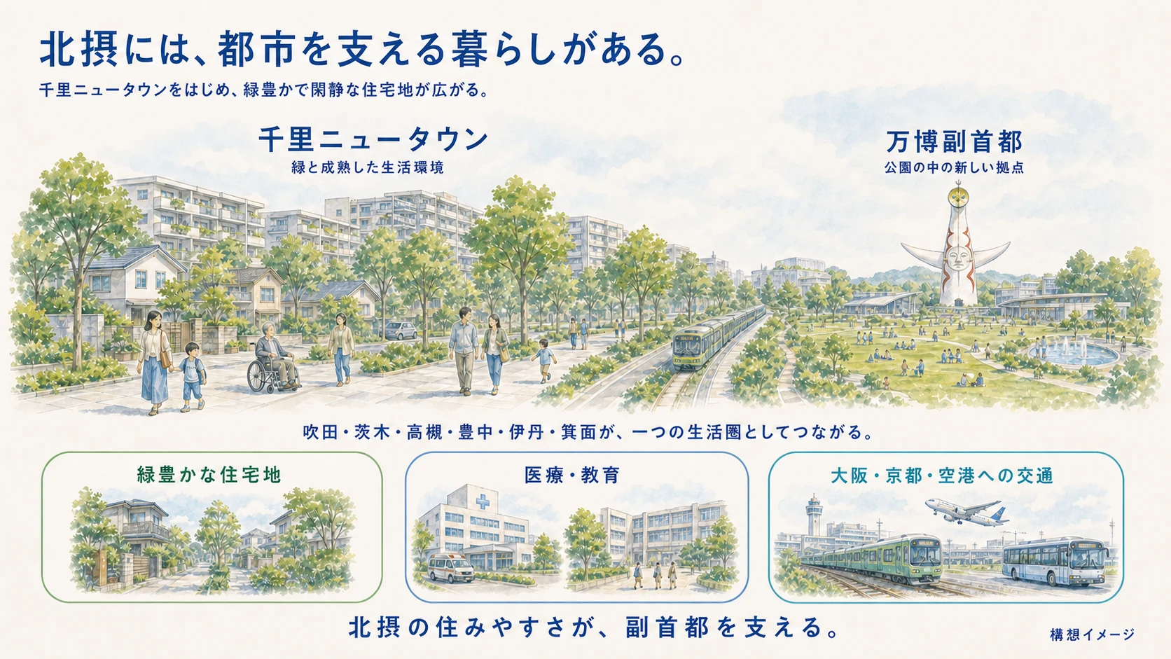 千里ニュータウンの緑豊かな住宅地と万博記念公園（副首都）、医療、教育、交通のつながり